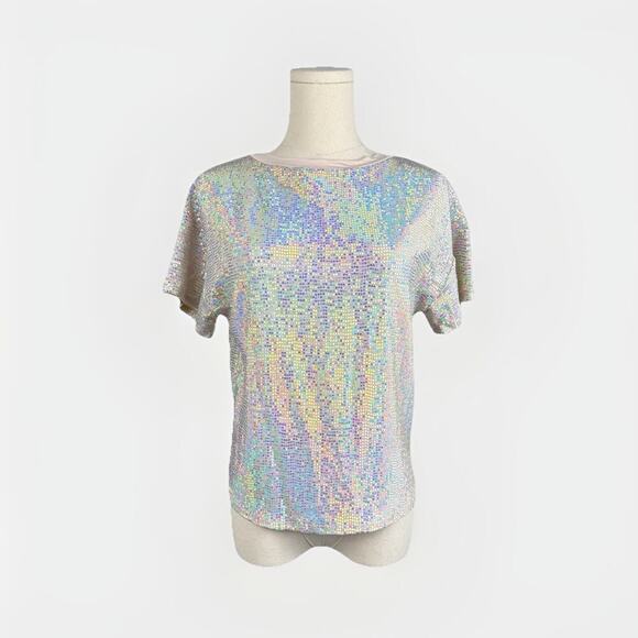 Ginger G Sequin Top Sz S Silver Metallic Rave Club Disco Glitter NYE Maximalism - Picture 1 of 9